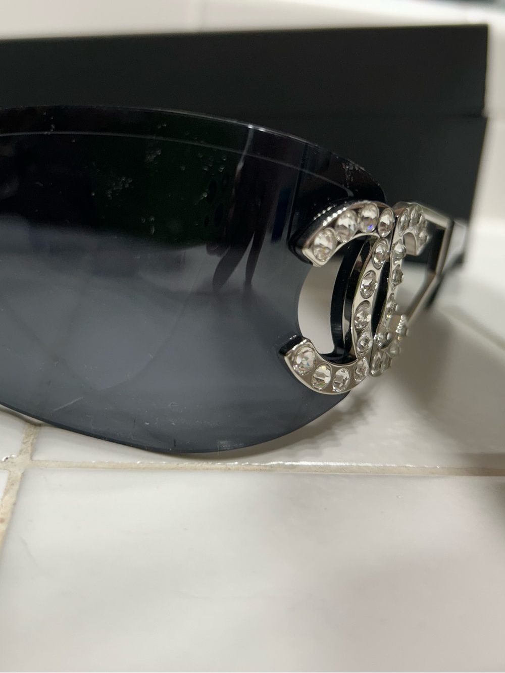 CHANEL Black Shield Sunglasses with Dark Gray Lenses - Picture 5 of 7
